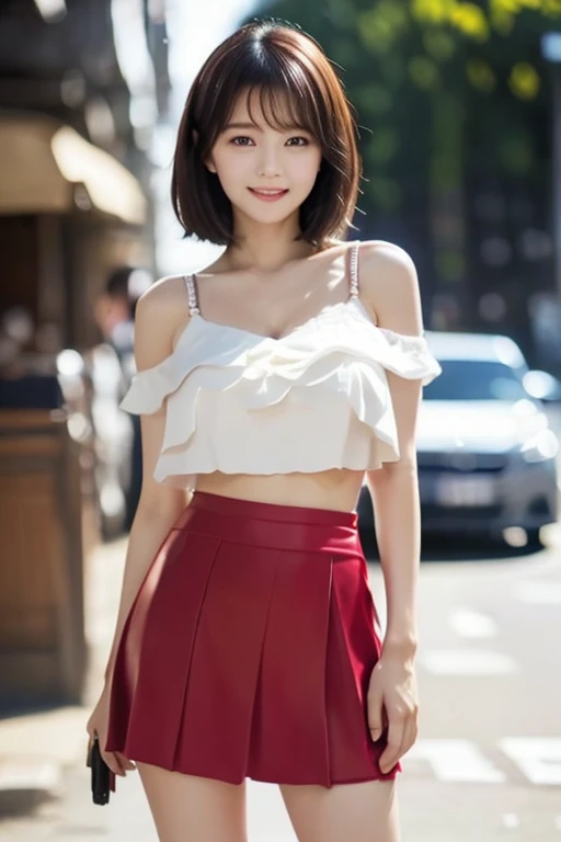 (detailed,Clear lines,highest quality, masterpiece,Bright and light, ROMANTIC atmosphere,sunset、Canon Photo Crystal Clear ,（Realistically:1.2）, (Red Casual Mini Skirt Dress)、Action pose、rather huge breasts, Take a full body photo, kind & seductive smile、Glamour body type、Medium Short Hair、tunnel, bokeh, SFW)