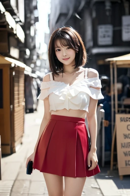 (detailed,Clear lines,highest quality, masterpiece,Bright and light, ROMANTIC atmosphere,sunset、Canon Photo Crystal Clear ,（Realistically:1.2）, (Red Casual Mini Skirt Dress)、Action pose、rather huge breasts, Take a full body photo, kind & seductive smile、Glamour body type、Medium Short Hair、tunnel, bokeh, SFW)