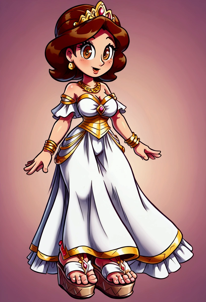 A_princess_with_big_feet (((massive, alternate size, and giant feet, giant toes, feet jewelry, white platform sandals, standing))) hair_color (brown hair) (pretty white outfit with bell bottom pants) eye_color (brown eyes) silver_tiara ((teasing, cute, funny, adorable, masterpiece, high quality))