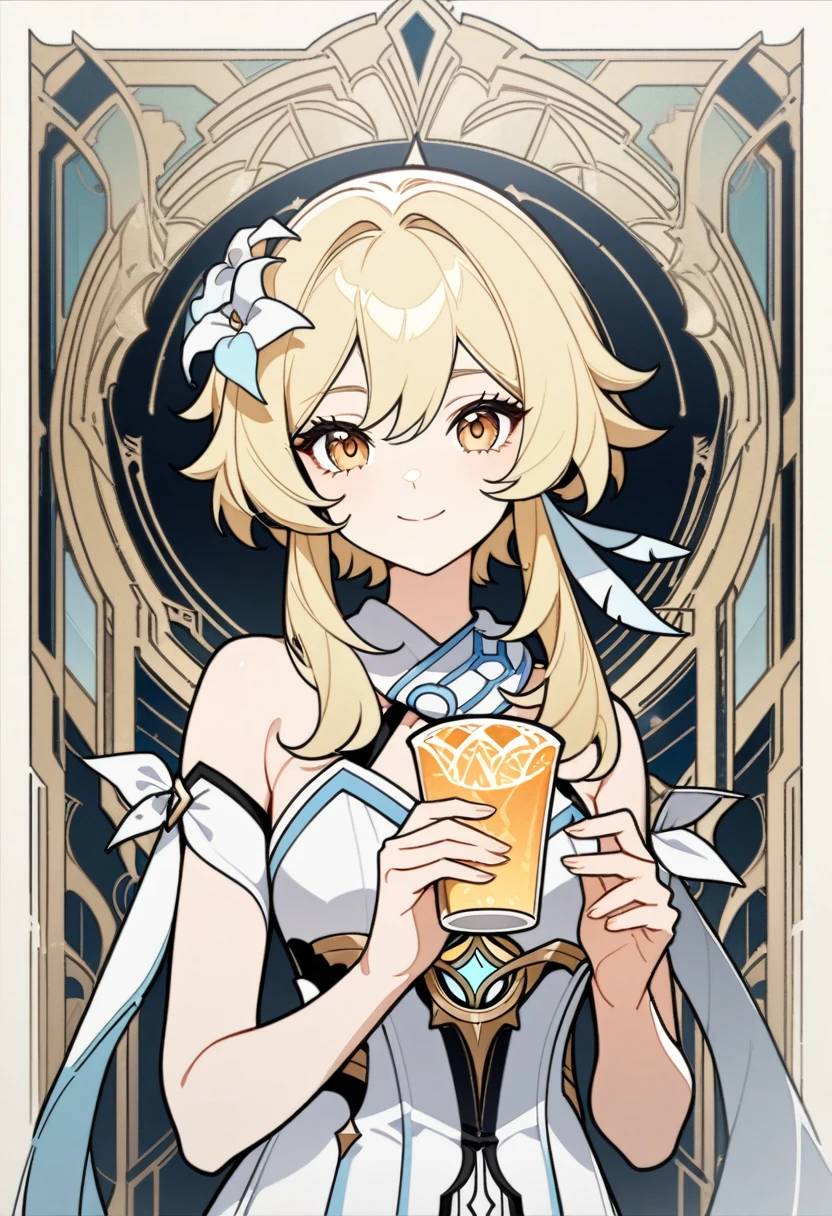 art deco, card, frames, vintage, art deco poster, high quality, female, Lumine, genshin impact, lumine from genshin impact, dress, formal, holding drink, beautiful face, cute face, blonde hair, smiling, upper body, masterpiece, detailed, line art, straight lines, clear art, great gatsby, art nouveo