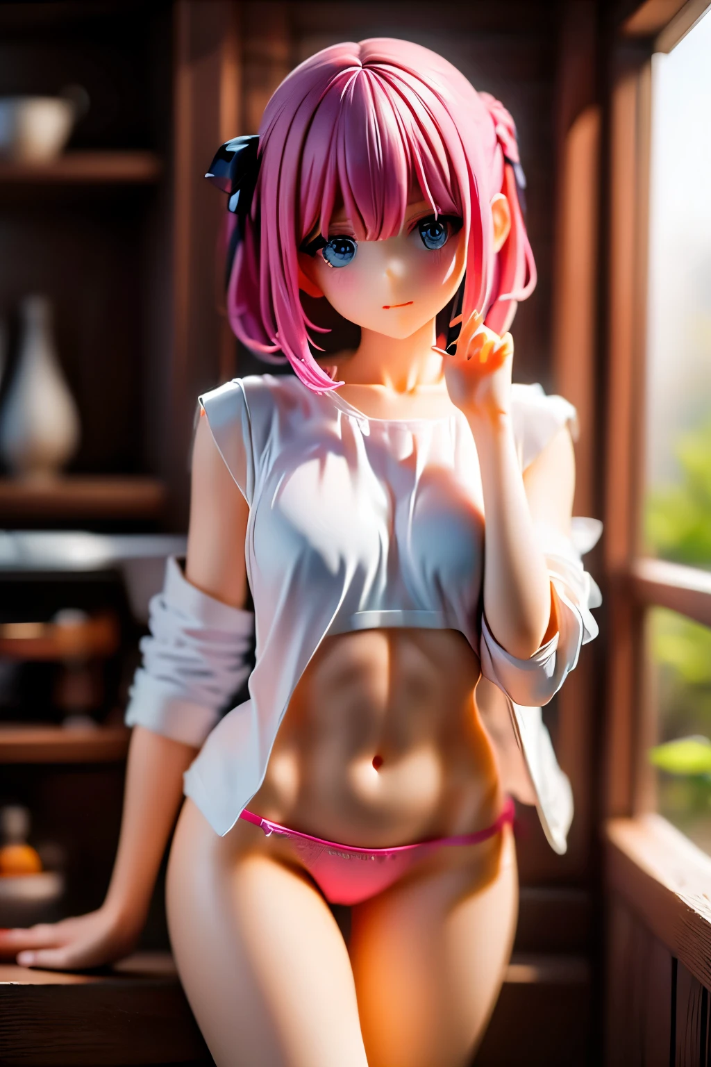 ((Highest quality)), ((masterpiece)), (be familiar with), Woman with perfect face holding her pink panties
