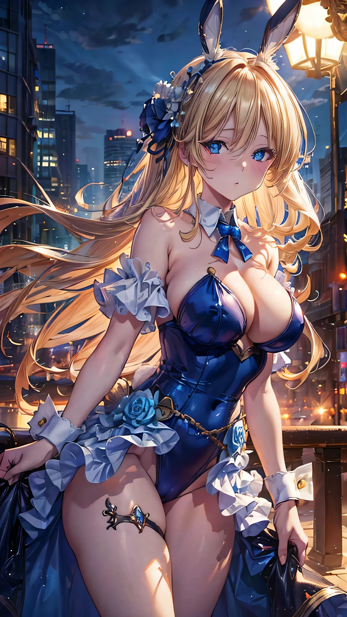 High resolution 1.5
(Beautiful background: 1.18),
High resolution, art, work, Highest quality,
Glowing blue demon eyes, Blonde, Miriam Hair, Off-the-shoulder blouse, Illuminated city background、(((Bunny girl)))