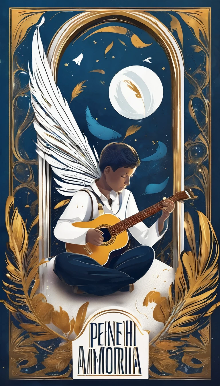 Create a cinematic, abstract symbol for a storytelling production brand based on stories and dreams called " Penamemoria". The logo should convey a fantasy theme and include the company of a boy and a feather. Fantastic, memorable, poetic, dreamy, sitting against a tree and playing guitar to a fantastic, unique, poetic white-blue-golden feather.