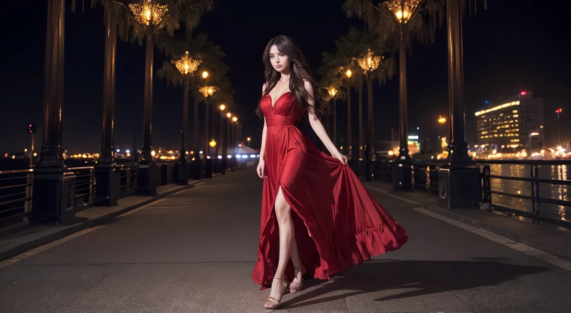 A high-quality, detailed image of a beautiful woman with long hair, walking in the night city. She is wearing a red dress. The background features a nighttime cityscape under a starry sky.