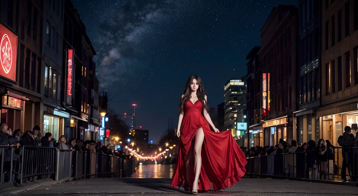 A high-quality, detailed image of a beautiful woman with long hair, walking in the night city. She is wearing a red dress. The background features a nighttime cityscape under a starry sky.