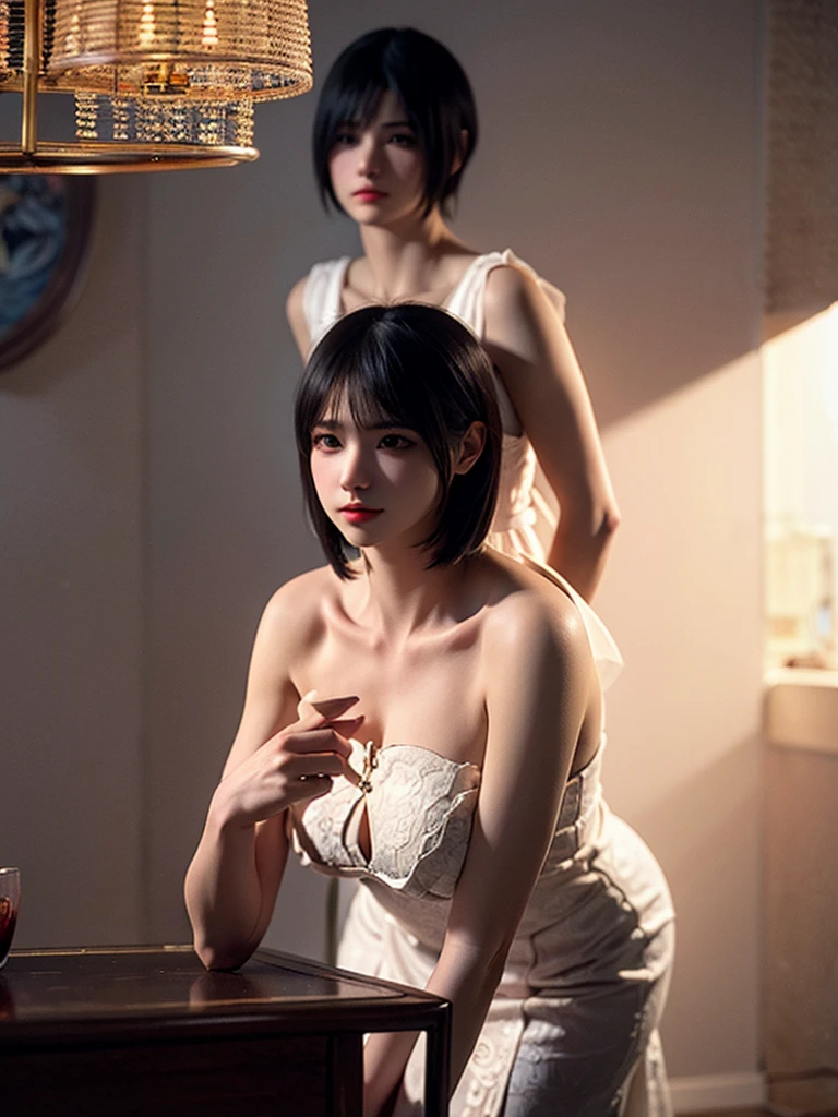As a Yael Shelbia, realistic photography, photorealistic, realism, contrast, photography, masterpiece, Final fantasy's Like, ethereal beauty, ethereal, ultra realistic, 3d, 3d rendering, porcelain, Best quality, human anatomy, real hair, short hair, Asymmetrical Cut Hair, moving hair, huge breasts, human anatomy, posing for photo, translucent, (ethereal, Dream), formidable, 8k wallpaper, Realistic Textures Dramatic Lighting, Trending at Art Station Cinestill 800