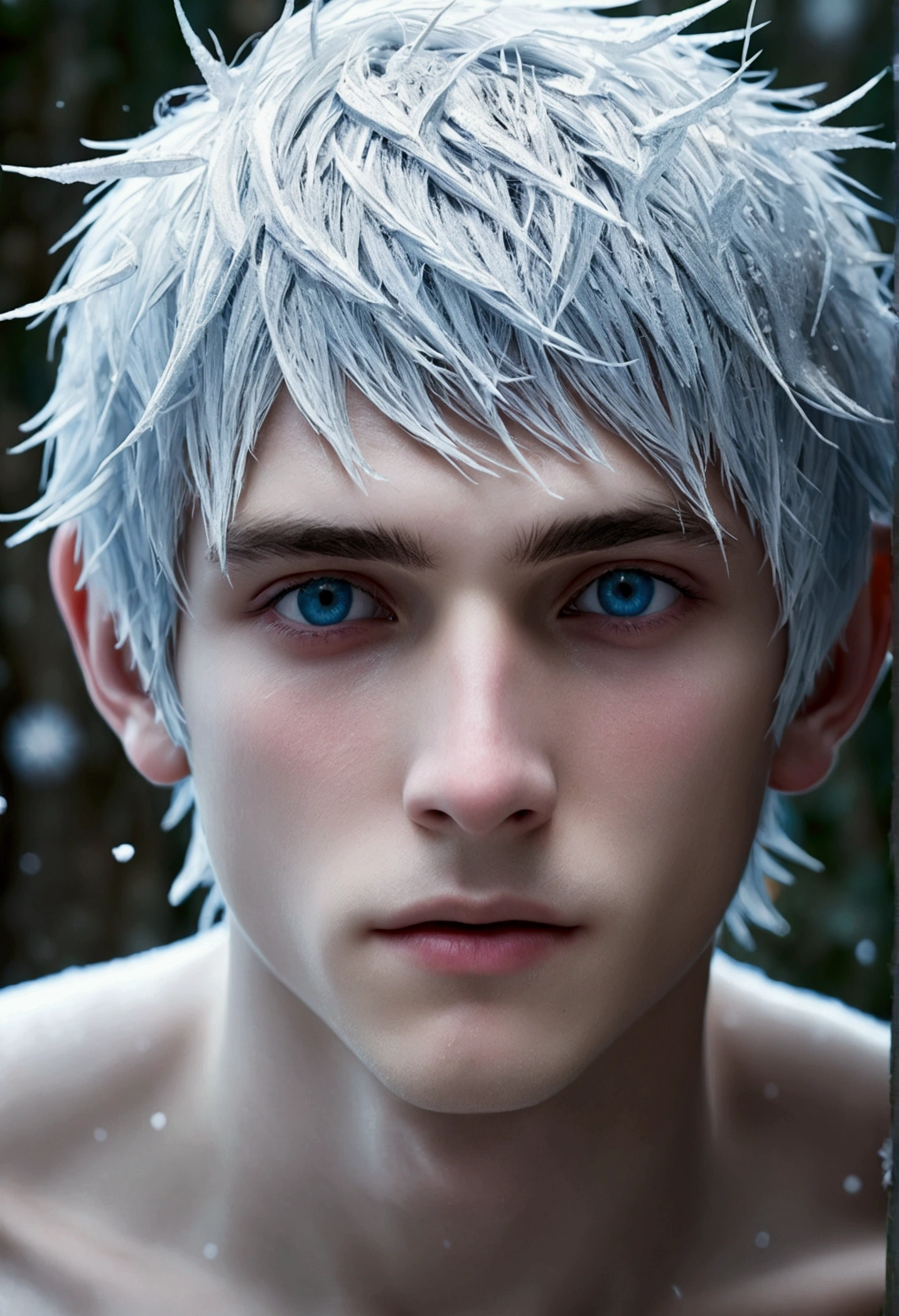 (Jack Frost: 1.6), full full body shots  photorealistiic young man, 18 years old, milk white skin, blue eyes, white hair, shirtless, 6-pax abs, (full body shot), young boy, 18 years old, beutiful, perfect, milk white skin, slim body, very detailed blue eyes, very pale skin, barefoot in a snow forest, winter. (masterpiece:1.4, best quality), (intricate detail), Unity 8k wallpaper, Ultra Detailed, (abstract art:1.2), (Anato Finnstark style:1.3), boy from another dimension, a symphony of iridescent colors merging and shifting seamlessly, dynamic pose with rotating patterns of energy around you, a mix of determination and serenity in his expression, a general feeling of transcendence and exploration, consumed by inner darkness, empty waiting you, (Beautiful cosmic eyes), perfect lighting, perfect shading, (Children face), naked and nude