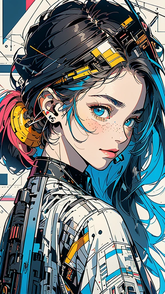 (((masterpiece, highest quality))),(((solo:1.2))),(((1girl:1.2))),32k wallpaper, very detailed, poster, vintage science fiction,(((((geometric cinematic movie poster))))), ((bauhaus)),(shape),(((abstract))),(mid century modern),(((((portfolio))))),(((((Close-up))))),(((((bust up))))),((((more various angle)))),((((highlight)))),((((heterochromia)))),(((complete. detailed face))),((((Extremely talented)))),(((((most complecated futristic machine))))),(Colorful color scheme),(((detailed unlimited complete equipment : headphone like a rail gun))),(((((Absolutely simple background))))),(((Texture for people : grunge))),