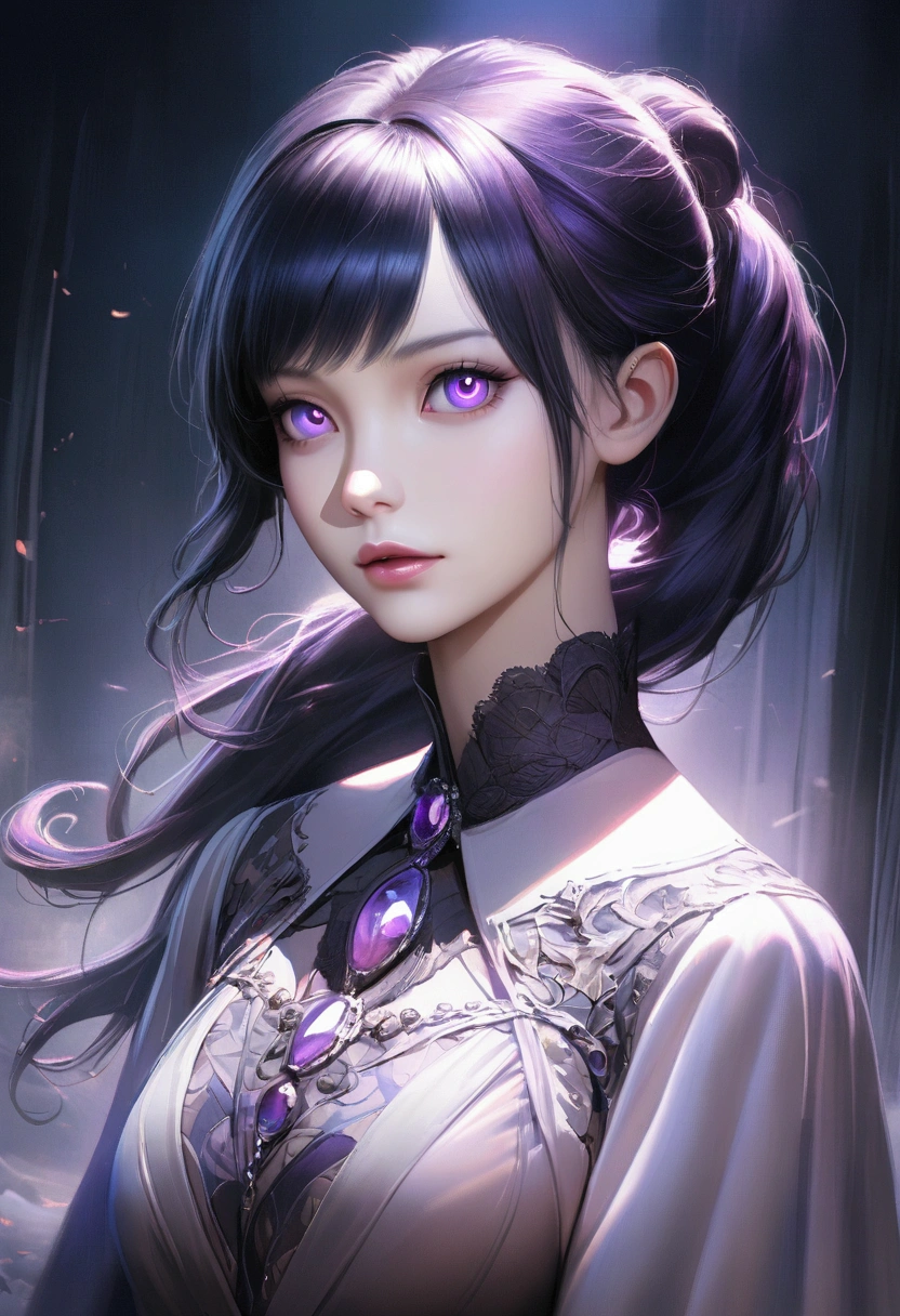 A beautiful woman with dark blue long hair in a ponytail, piercing violet eyes, and a cold, intense gaze, 1girl, detailed face, beautiful detailed eyes, beautiful detailed lips, extremely detailed eyes and face, long eyelashes, photo-realistic, 8k, realistic, high quality, masterpiece, realistic portrait, dramatic lighting, moody atmosphere, cinematic, dark and mysterious, cool color tones, blue and purple palette, dramatic contrast, chiaroscuro lighting