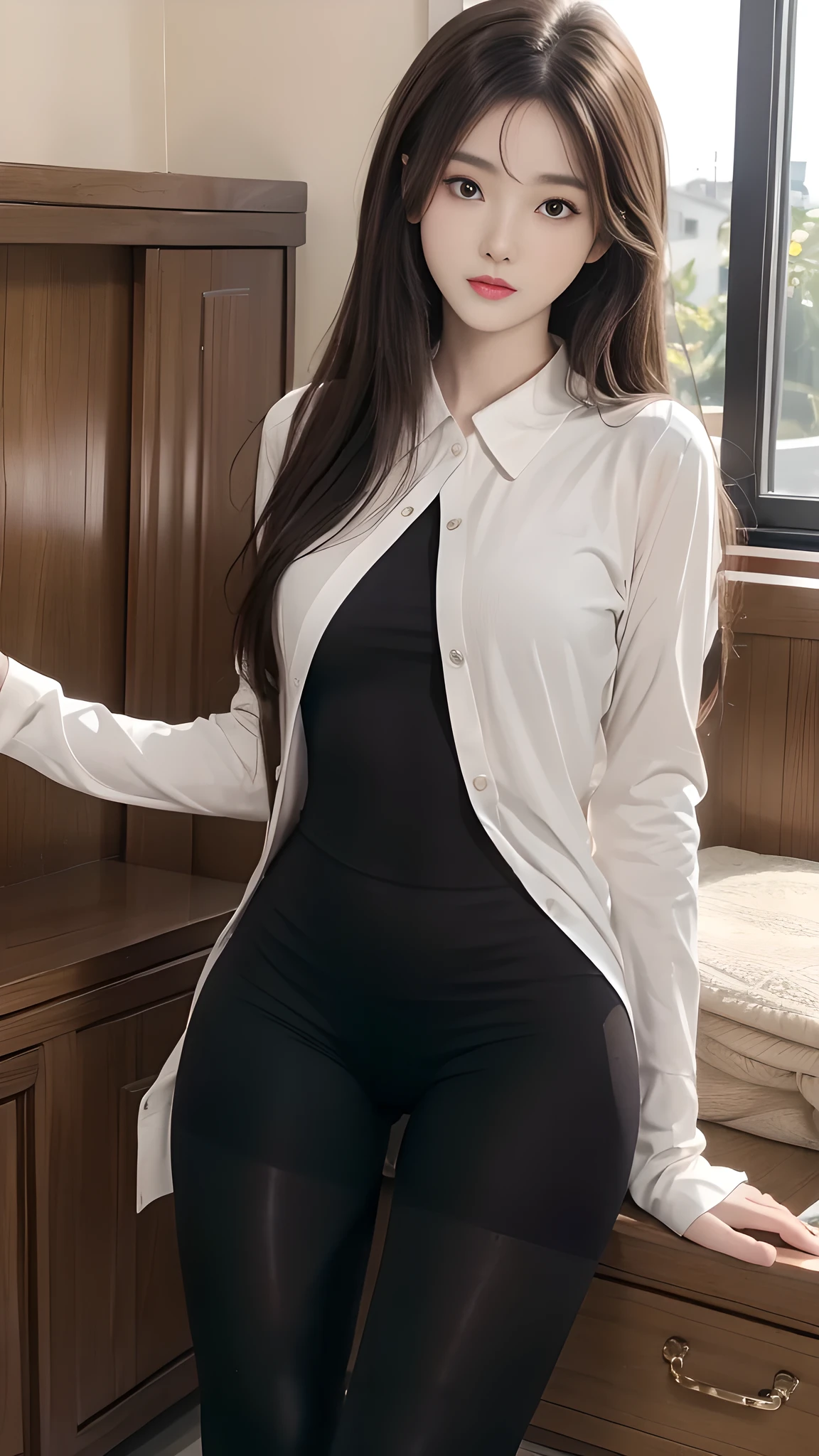 Photo of a 20 year old woman, Perfect Face, masterpiece, good, Underwear black_good, shirt
