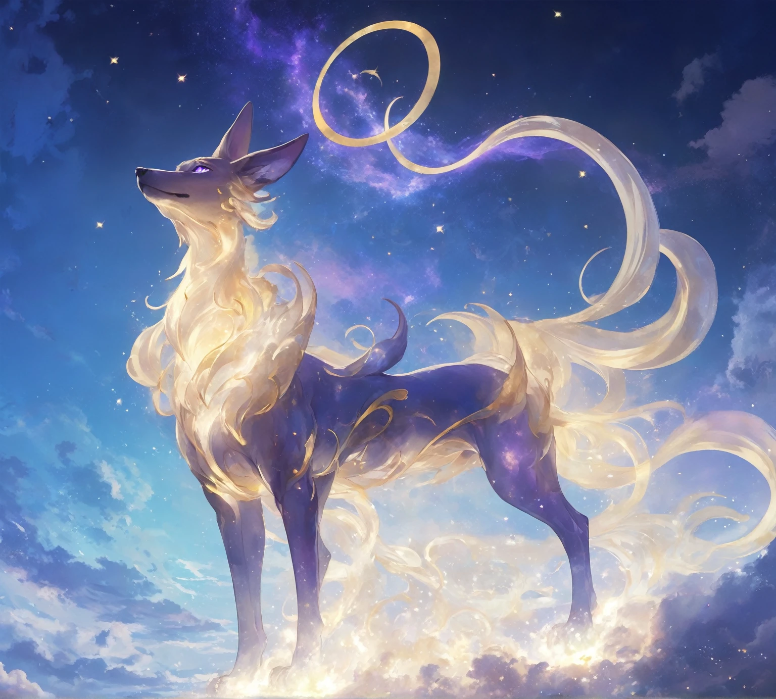 A celestial Pokémon design with an elegant dog-like body, long tail and ears, glowing golden eyes, and the silhouette of another creature floating above its head.  The background is deep blue sky with swirling white clouds, and there's an ethereal glow around it.  It has purple highlights on scales and gold accents.  In Artgerm style, with detailed brushwork and vibrant colors.