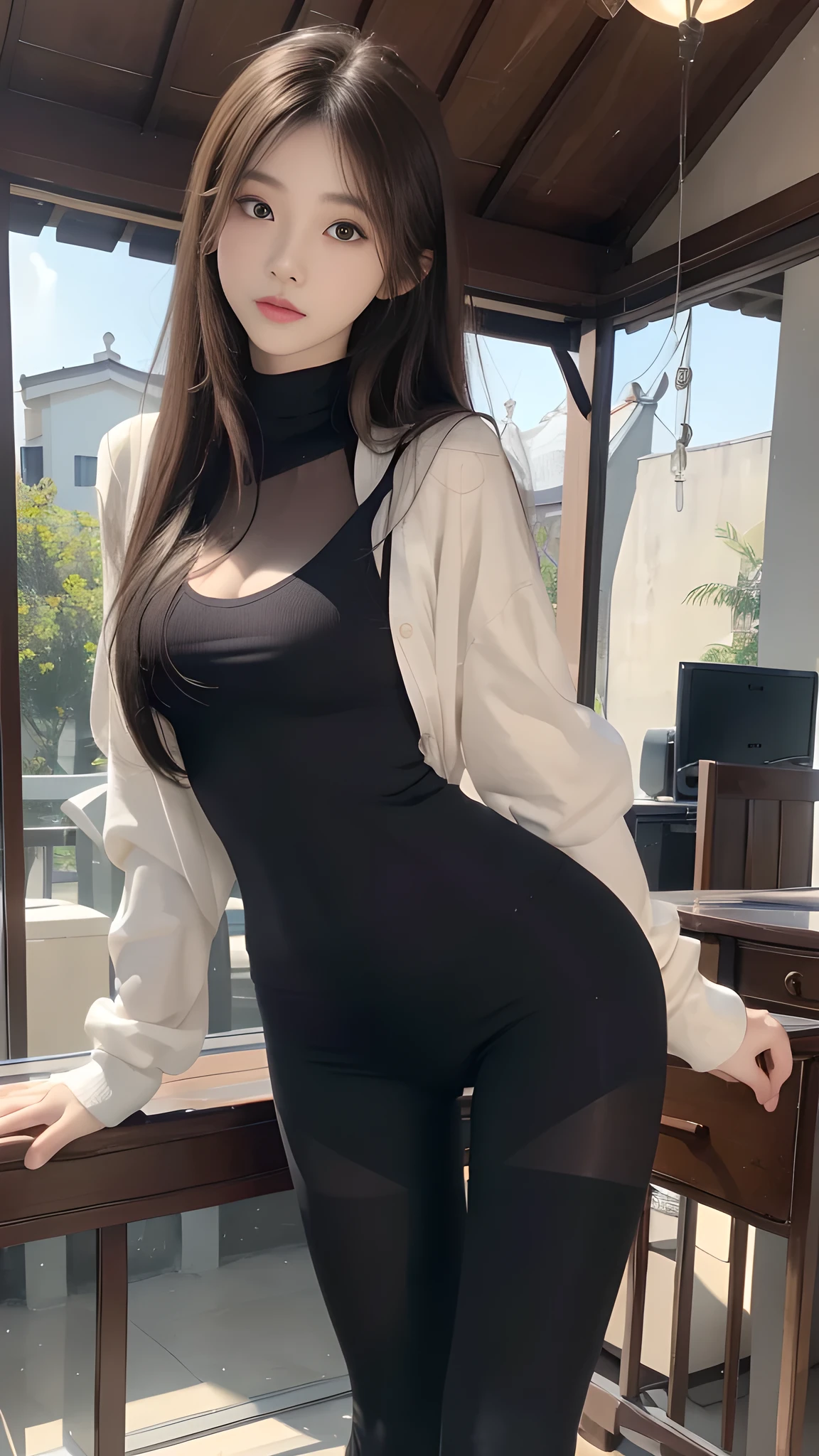 ulzzang-6500-v1.1, (RAW photo: 1.2), (Real photo), (Real photo: 1.4), 1 girl、Perfect anatomy、20 years old、Looking at the camera、Medium length hair、dress, ((in the villa: 1.1))、(Hyperrealistic tights: 1.2), (Business service)、Asian eyes Ella,