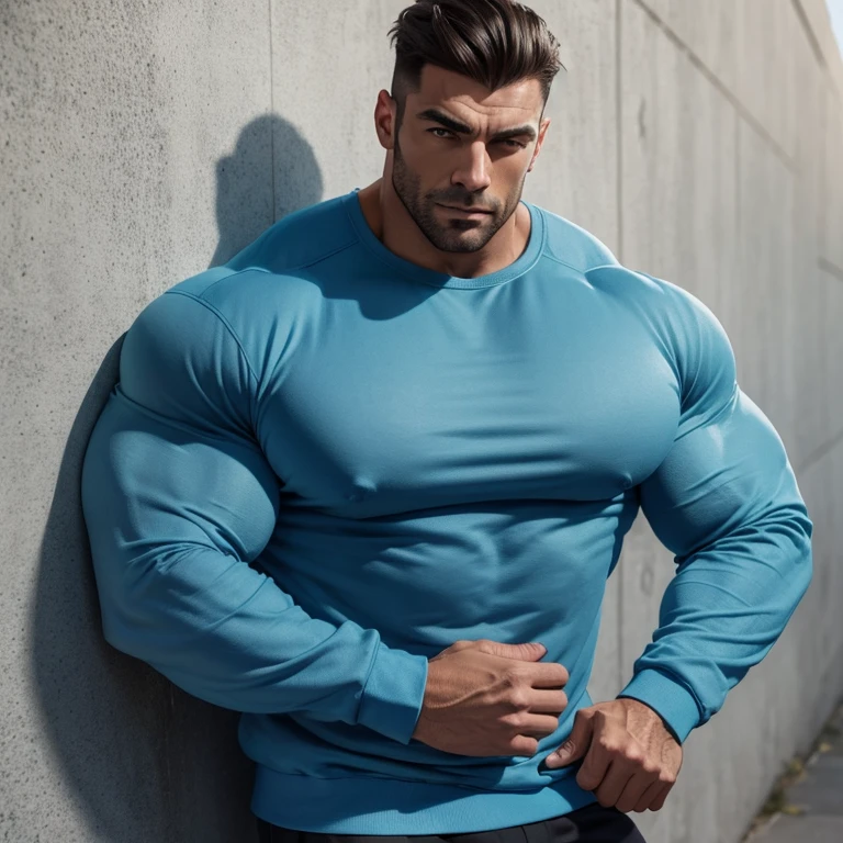 a very handsome, massively muscular man, with massively large muscles, with massively large biceps, with massively large arms, wearing a simple light blue sweatshirt with long sleeves, leaning against a wall at night