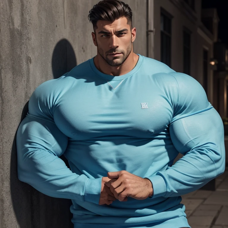 a very handsome, massively muscular man, with massively large muscles, with massively large biceps, with massively large arms, wearing a simple light blue sweatshirt with long sleeves, leaning against a wall at night