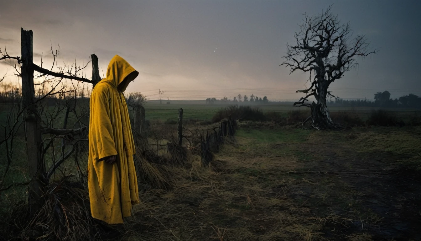 A haunting photograph of a man in a tattered yellow robe and hood, standing ominously near a dilapidated wooden fence. A dimly lit yellow lamp casts a eerie glow on the farmland, creating an unsettling atmosphere. The man's face is obscured, adding to the sense of mystery and terror. The sky is overcast, and a solitary tree looms in the background, its branches reaching out like gnarled fingers.