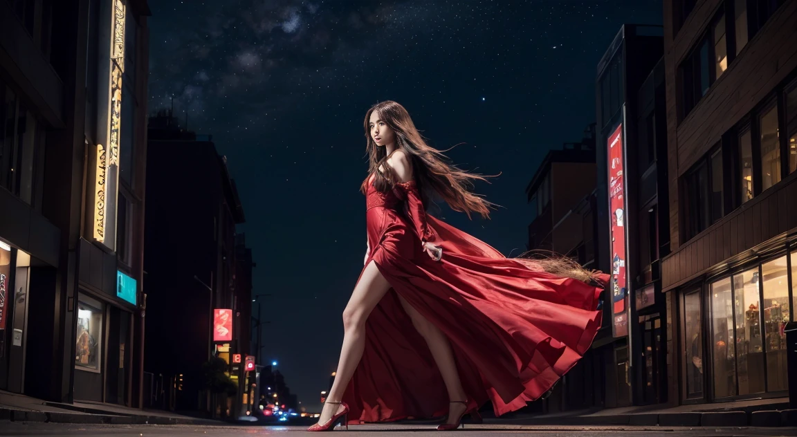 A high-quality, detailed image of a beautiful woman with long hair, walking in the night city. She is wearing a red dress. The background features a nighttime cityscape under a starry sky.