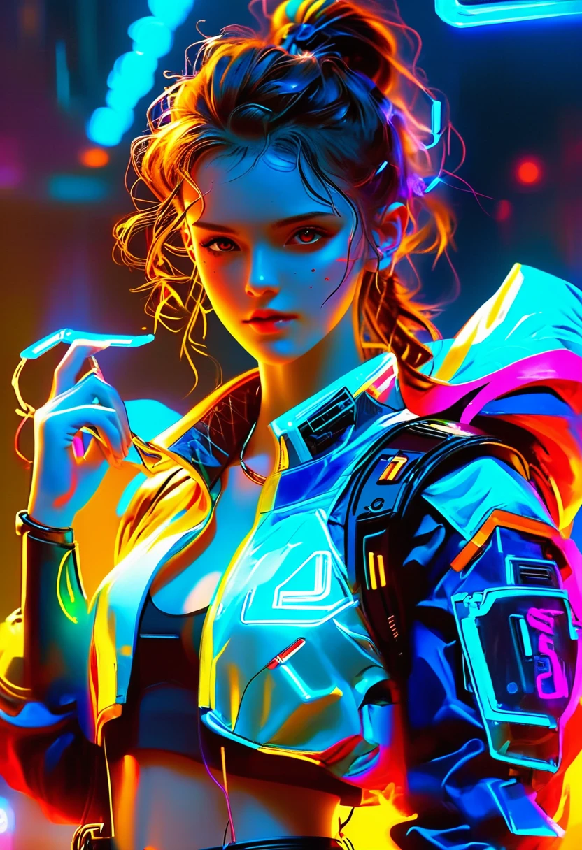 A fictitious female character with wavy brown hair, typically tied back, and brown eyes. She is usually seen in a school uniform but for this image, she is envisioned in a cyberpunk-inspired outfit. This attire consists of neon colors, futuristic, tech-infused clothing with a dystopian touch, including a metallic, holographic jacket, and technologically advanced accessories. As an essential part of her persona, she is holding a futuristic looking device in her hand that serves as her magical wand in this cyberpunk reality.