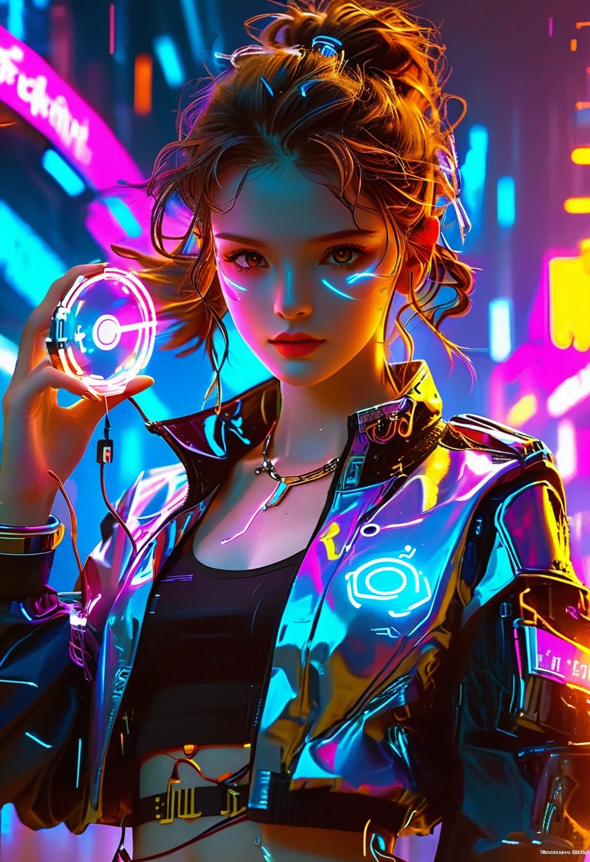 A fictitious female character with wavy brown hair, typically tied back, and brown eyes. She is usually seen in a school uniform but for this image, she is envisioned in a cyberpunk-inspired outfit. This attire consists of neon colors, futuristic, tech-infused clothing with a dystopian touch, including a metallic, holographic jacket, and technologically advanced accessories. As an essential part of her persona, she is holding a futuristic looking device in her hand that serves as her magical wand in this cyberpunk reality.
