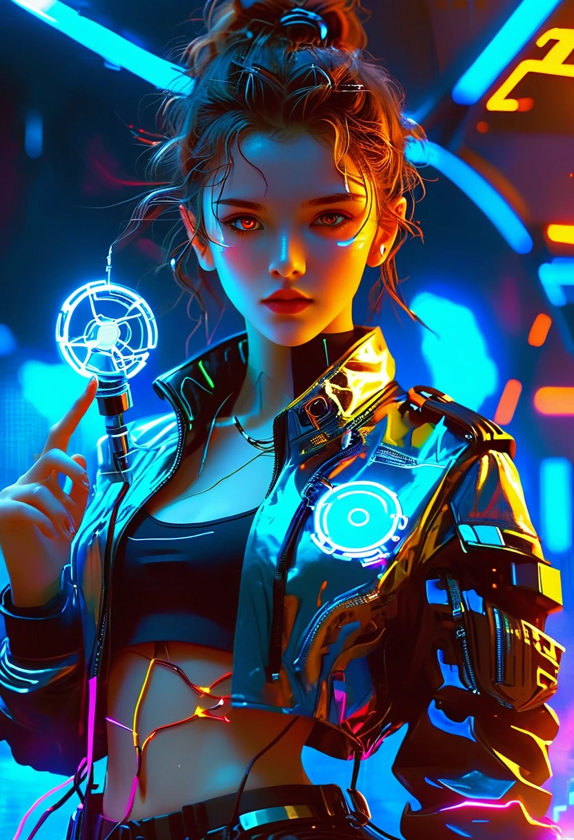 A fictitious female character with wavy brown hair, typically tied back, and brown eyes. She is usually seen in a school uniform but for this image, she is envisioned in a cyberpunk-inspired outfit. This attire consists of neon colors, futuristic, tech-infused clothing with a dystopian touch, including a metallic, holographic jacket, and technologically advanced accessories. As an essential part of her persona, she is holding a futuristic looking device in her hand that serves as her magical wand in this cyberpunk reality.