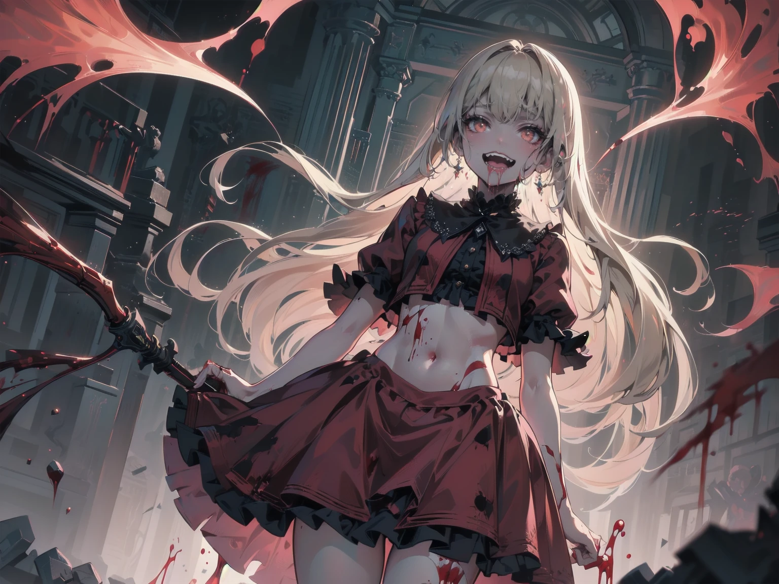 (Highest quality,4K,High resolution,masterpiece:1.2),Very detailed,Realistic:1.37,Spooky altar background,Dark fantasy,Red color scheme,Ominous atmosphere,Eye-catching,Storytelling,anatomy,Anime Style,Concept Art,beautiful細部までこだわった顔と (((Red eyes ))),A terrifying ritual ,Satanic Ritual,Premature death,inappropriate behavior,クレイジーなsmile,Scythe Face,Girl Monster, beautiful, Delicate facial features, Sharp Eye, Sharp Fangs, pale skin, Thick chain, Dark Background, Cinema Lighting, Dramatic Shadows, Gothic style, Gloomy atmosphere, Dark fantasy, One Girl, Please open your mouth wide, Open your mouth and baring your teeth,Sharp teeth like a beast, Wide lips, very wide mouth, Vermilion cheeks, ,(Blood splatter:1.4),Scary smile, smile,Angel Design, Twisted smile、Bloody、bleeding from the head,,,,,、Blood splatter、,(Blood splatter:1.4),skull,Horror Style, ((Fantasy Sweet ta Frilly Pink Costume)), ((flowing blonde hair)), ,(Blood splatter:1.4),Female curves, Sexy flat stomach, Perfect hands, Perfect anime face, (Pink Loliress)), Are standing, ((邪悪なsmile)), ,(Blood splatter:1.4), Steam circulates, Moonlight Illumination, night lighting, (Blood splatter:1.6),アニメAngel Design, Twisted smile、Bloody、bleeding from the head,,,,,、Blood splatter、,(Blood splatter:1.4), skull,Gothic architecture、Western architecture、Fantasy World、,Victorian cities, Skeleton Gas Light,Absurd, High resolution、 ((Tabletop)), ((Highest quality)), (Very detailedな), ((Very detailed)), (beautiful), ((pretty girl)), (NFSW:1.8), alone,(10 yearsorld&#39;The most terrifying and creepy demon girl:1.5)beautiful face、Whole Body Ezbian、pale, Beautiful Skin、beautiful金の髪、Smiling Kindly、Dark building ruins、(snow white&#39;Frill dress:1.3)、(The dark ruins are stained with blood:1.3)、Low angle full body shot、(少女は血の海の中にAre standing:1.5)、(The ground is full of blood:1.3)、(The girl lost a lot of blood...:1.3)、(クレイジーなsmile:1.6)、Spirits、(Blood dripping from the mouth:1.3)