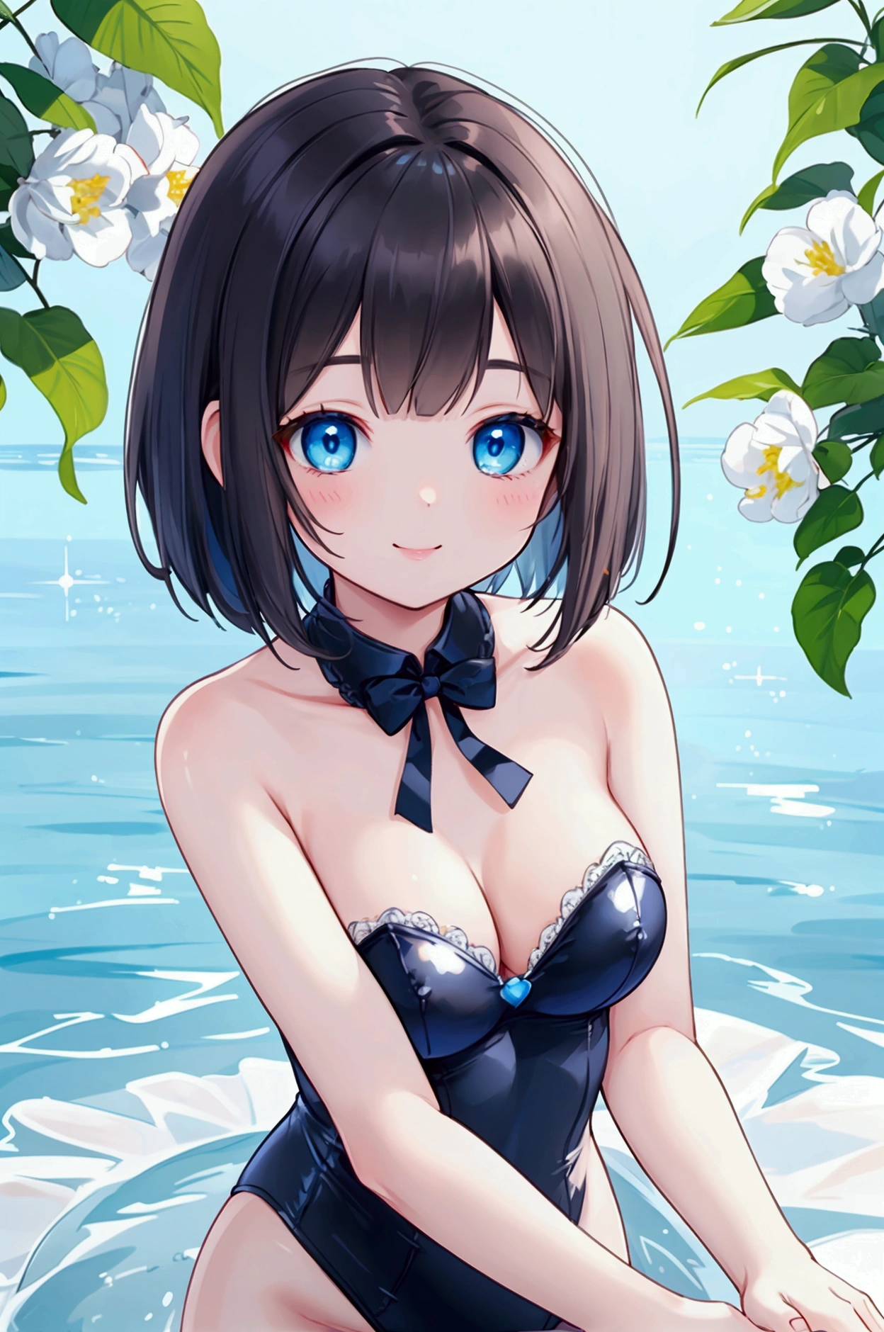 Photorealistic、Highest quality、Highest Resolution、Highest quality、８Ｋ、One beautiful woman、Cute face、Bob cut hair、Dark Hair Color、Pale blue eyes、Beautiful breasts、Bunny girl、whole body、smile、