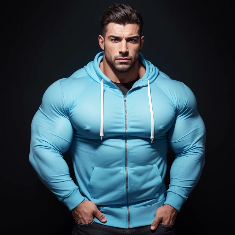 a very handsome, massively muscular man, with massively large muscles, with massively large biceps, wearing a simple light blue sweatshirt with a zipper and long sleeves, on a black background