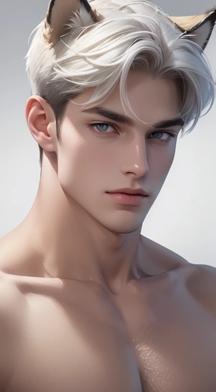 4k, high resolution, best quality, masterpiece, perfect color, perfect shade, perfect lighting, Posted by e621, ((portrait)), ((handsome man)), perfect male figure, Short hair details，chest muscles，abdominal muscles，Naked torso，Detailed face, perfect face, (stood up), Detailed background, ((Bonifasco Lighting)), (delicate eyes),(animal ears),white hair