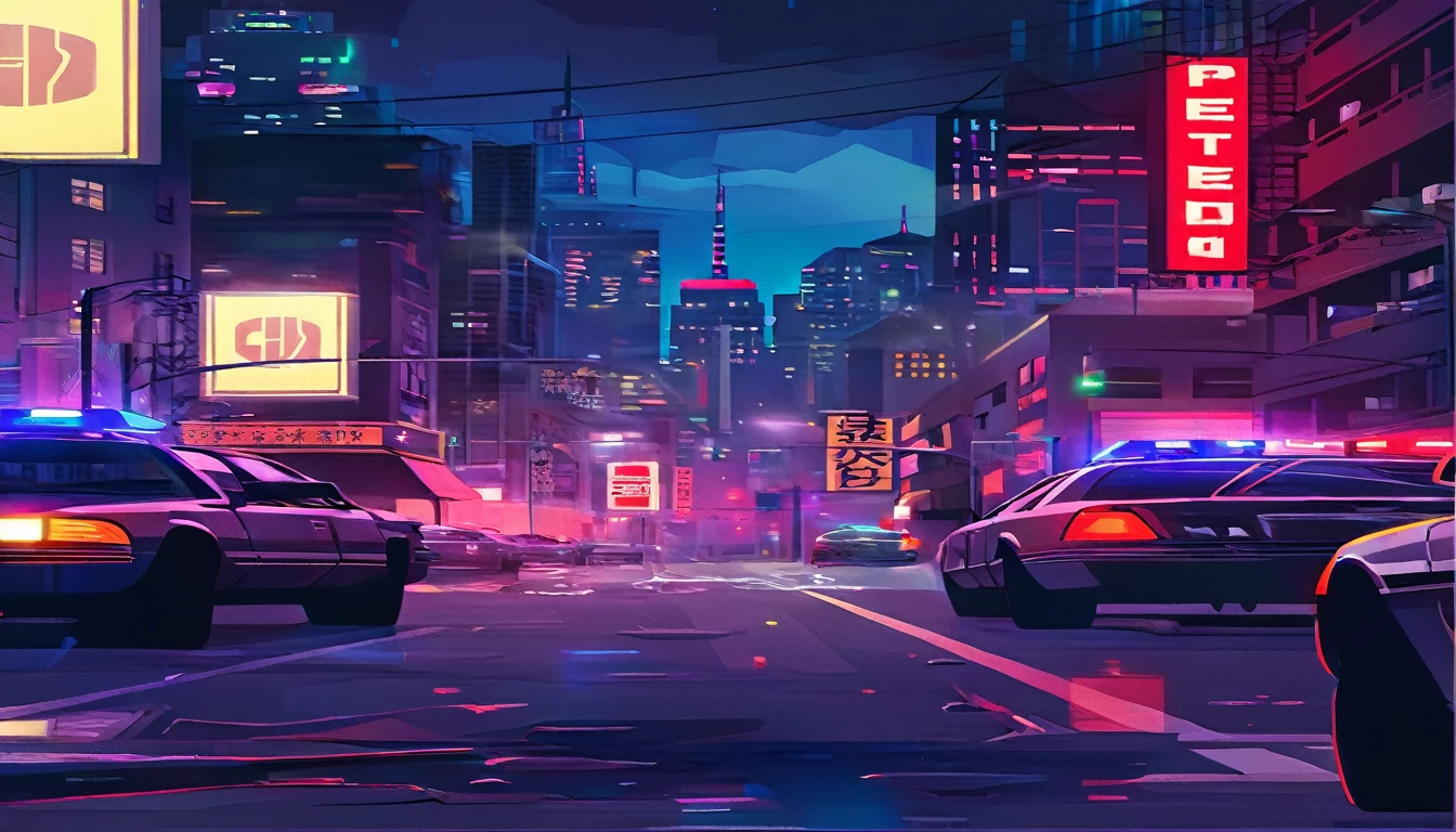 Night scene of city streets，There are police cars and neon lights, Cyberpunk city streets background, Cyberpunk Night Street, Cyberpunk city streets, Cyberpunk Street, Cyberpunk Street,night，Detailed neon cyberpunk city, Cyberpunk art style, sci-fi Cyberpunk city streets, Future Cyberpunk Tokyo Night, Art Deco Beyond Anime Aesthetics, Cyberpunk Cityscape，Comic Style，HD，8k