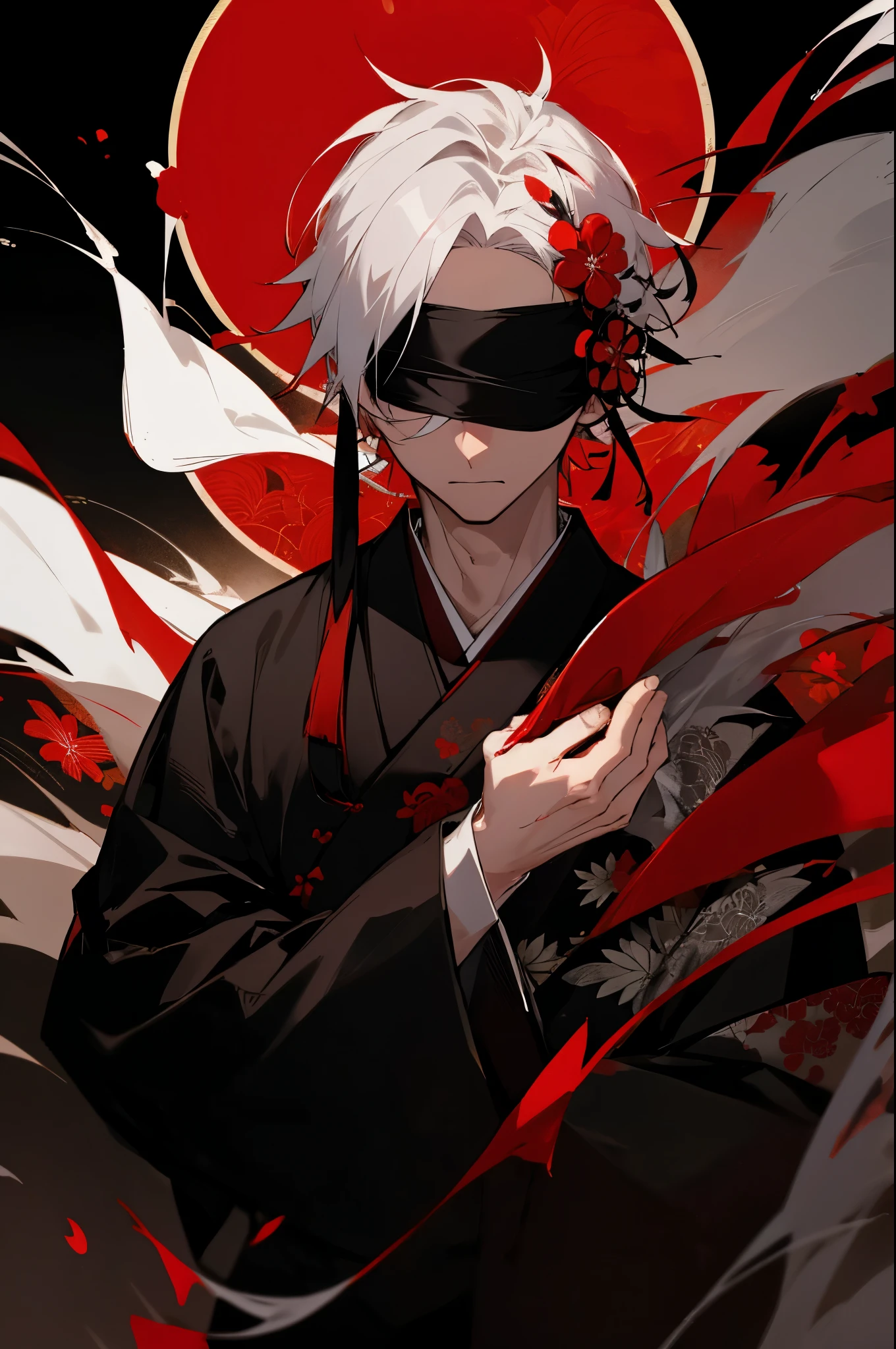 1male, white hair, black blindfold, black and red hair ornament, black red floral yukata, serious expression, japanese background, hands to side
