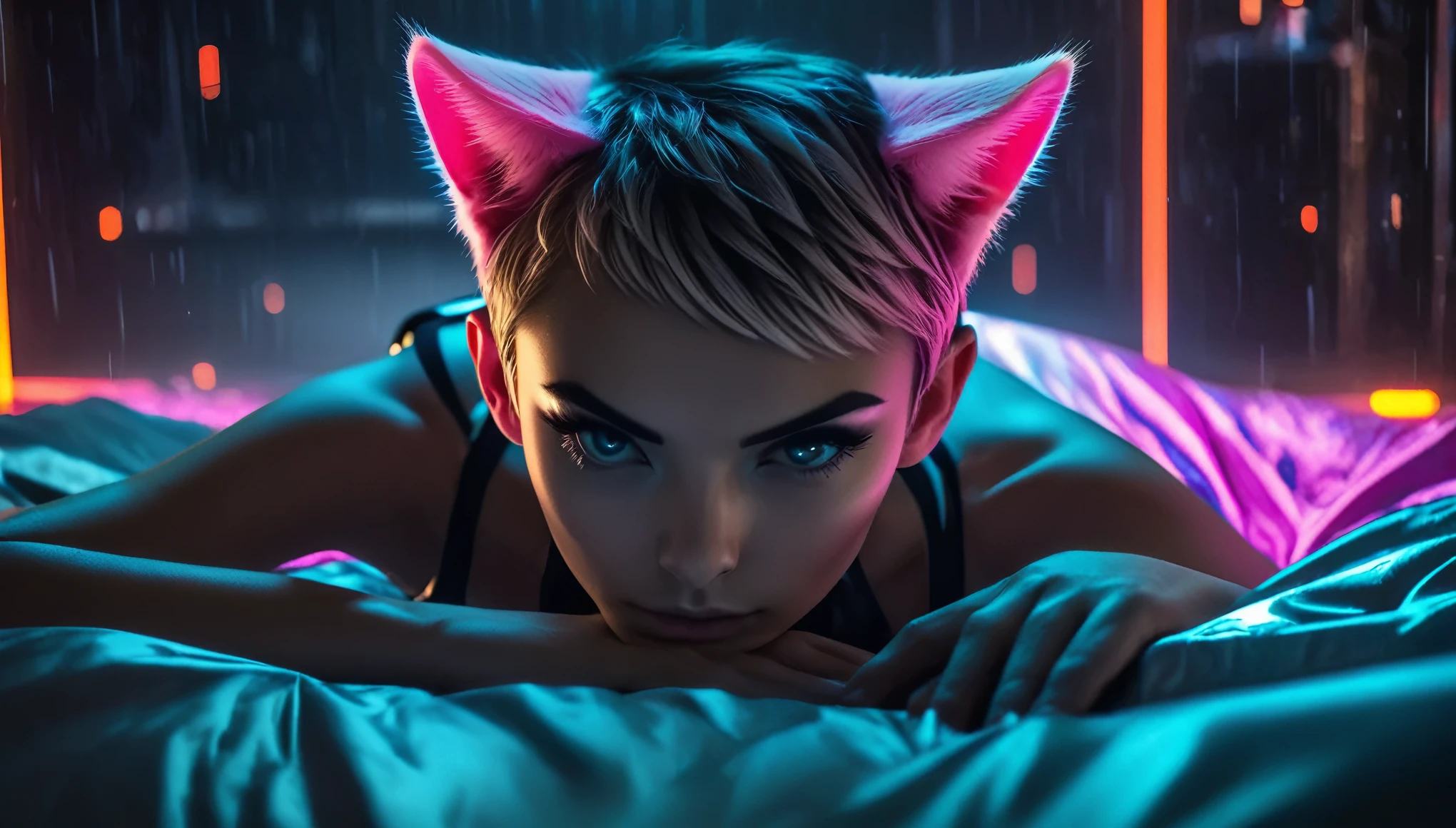 ((barely legal cat girl, with cat ears and choker, ((in an shiny futuristic latex with plunging neckline, wide cleavage, deep neckline)), small perky breasts, beautiful detailed eyes, beautiful detailed lips, small closed mouth, extremely detailed face, pale skin, random short hair style, straight hair, short pixie cut hair, small hips, lying on a bed with silk sheets, fear on the face)), moody atmosphere, dramatic and random neon colors, futuristic setting, intricate details, night, backlight, full body shot, view from a distance, random pose