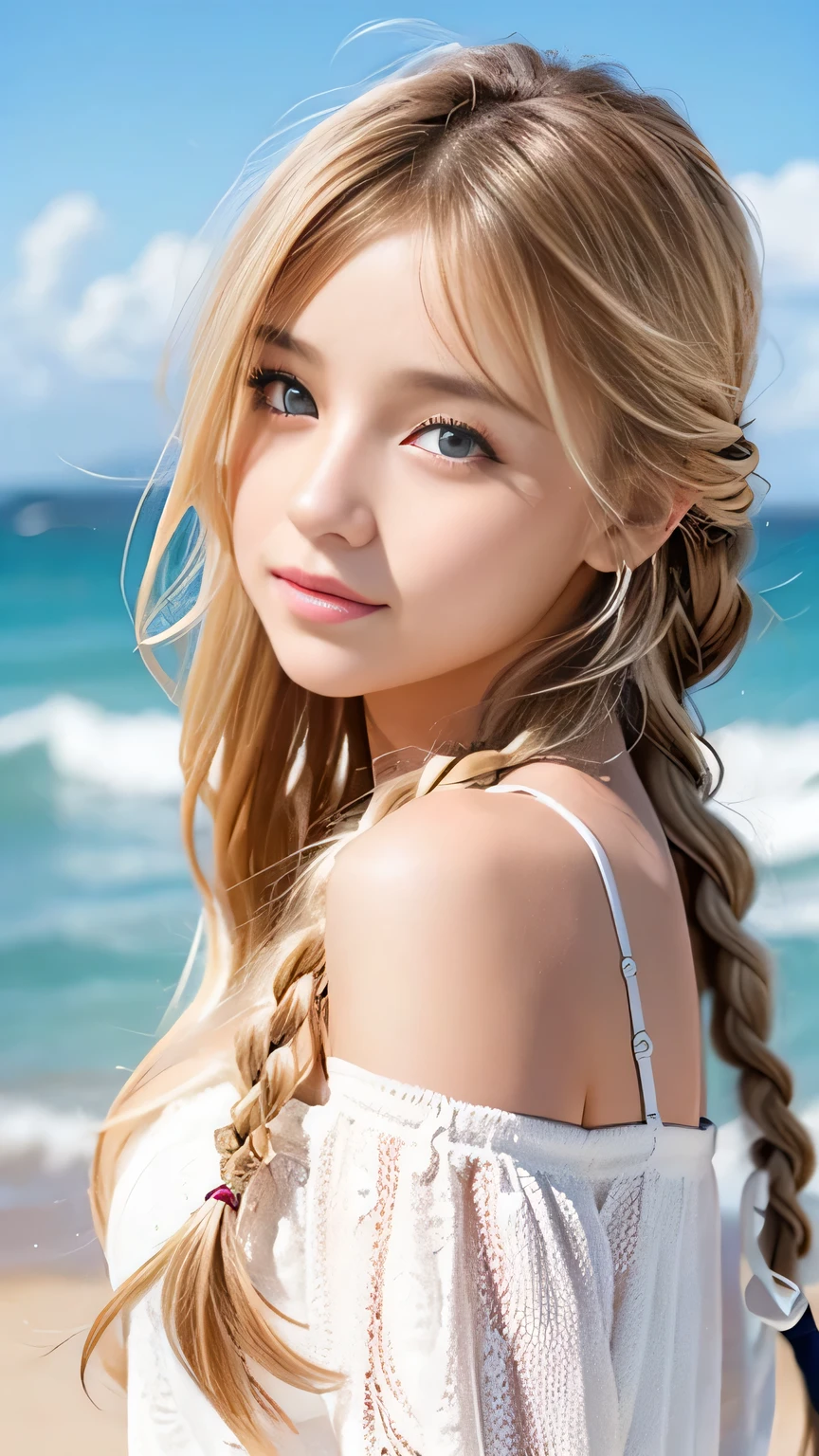 Sexy Big 、Sexy cute looks and cute 15 year old beautiful girl, beautiful and sexy face、A strong wind blows my hair in front of my face、beautiful long blonde French braided hair、beautiful, Cute and sexy eyes hidden behind long bangs