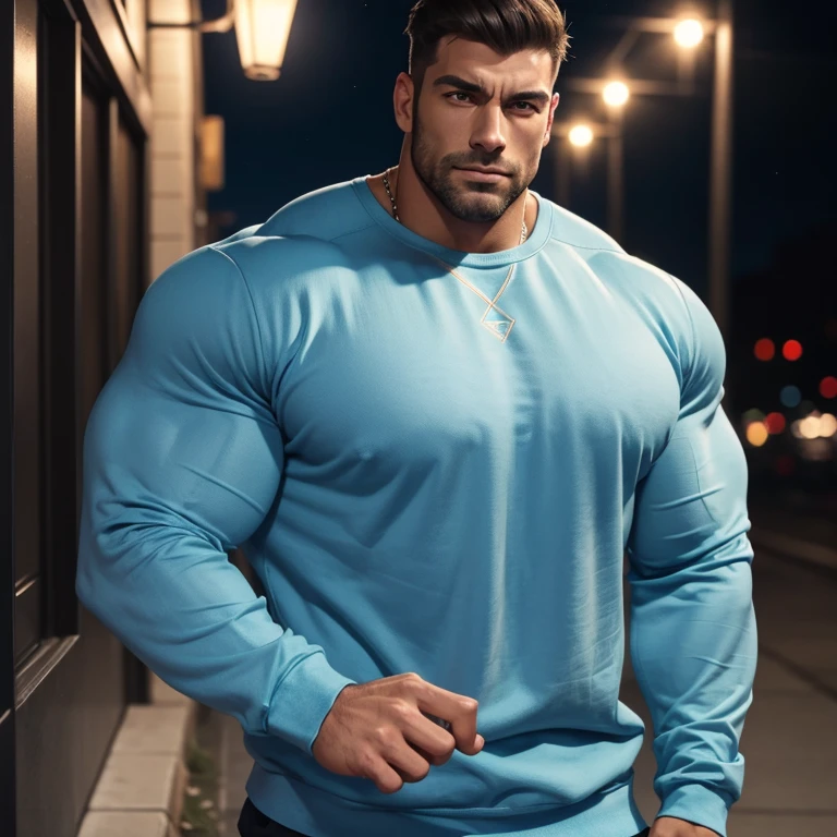 a very handsome man, massively muscular, with massively large muscles, with massively large biceps, with massively large arms, wearing a simple light blue sweatshirt with long sleeves, on a sidewalk at night