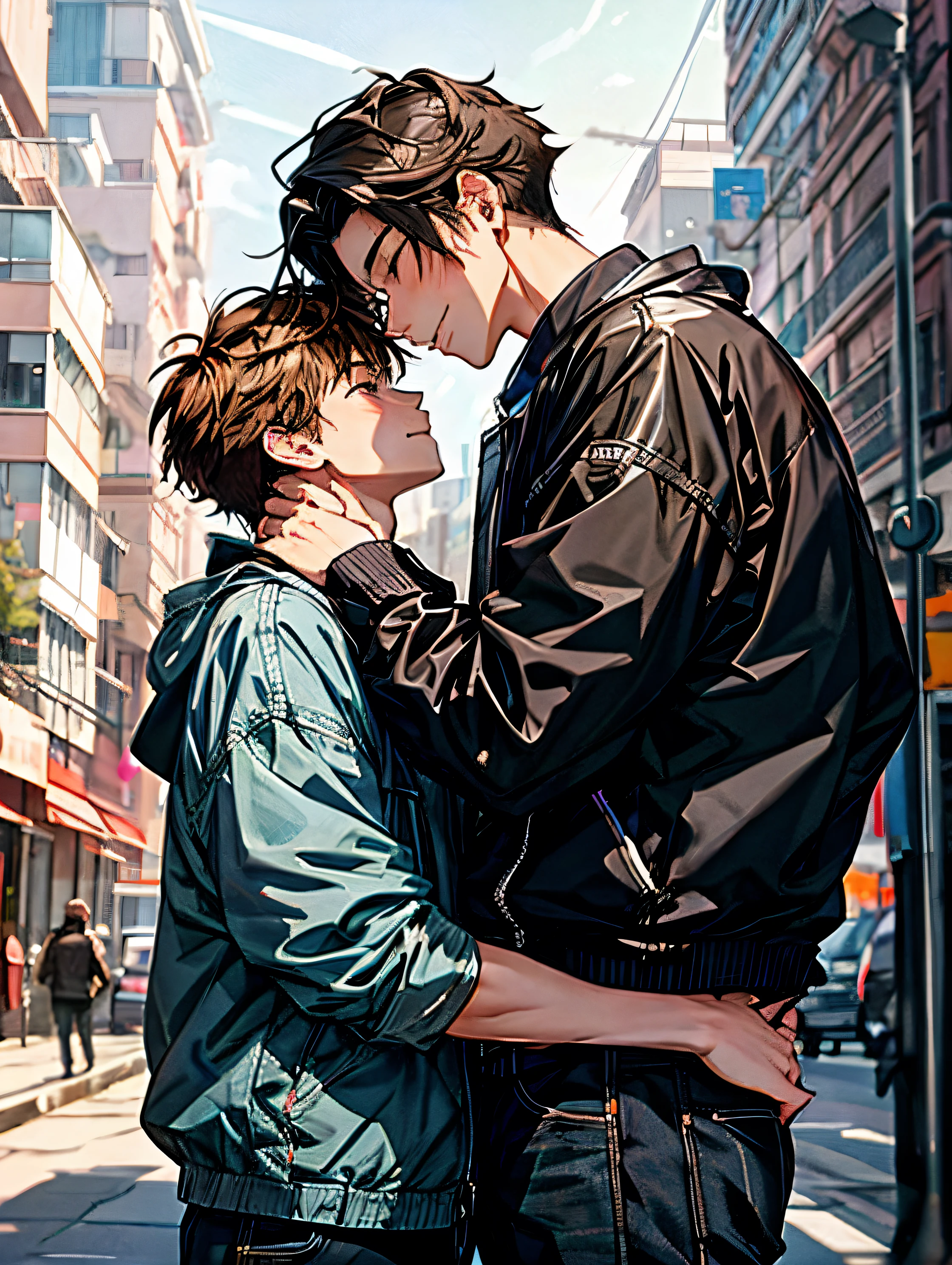 Cartoon same-sex couple on the street with buildings in the background, Guweiz, artwork in the style of guweiz, yaoi, cute boys, two mens bonitos de anime, cute boys, arte masculina、(((male focus))),ten mens、(((two mens)))、ten mens、(((boys' love)))、youth、man and man, Face, looking ahead at viewer,Even if I want, I just feel empty.I want to meet,.Now I can do my best with just this feeling, But the truth is, I want to be hugged by you,I want to feel the happiness of being loved by you with my hands.............,No matter how happy you are., I want to be needed for you. (A brunette)、((chestnut hair))、you and me