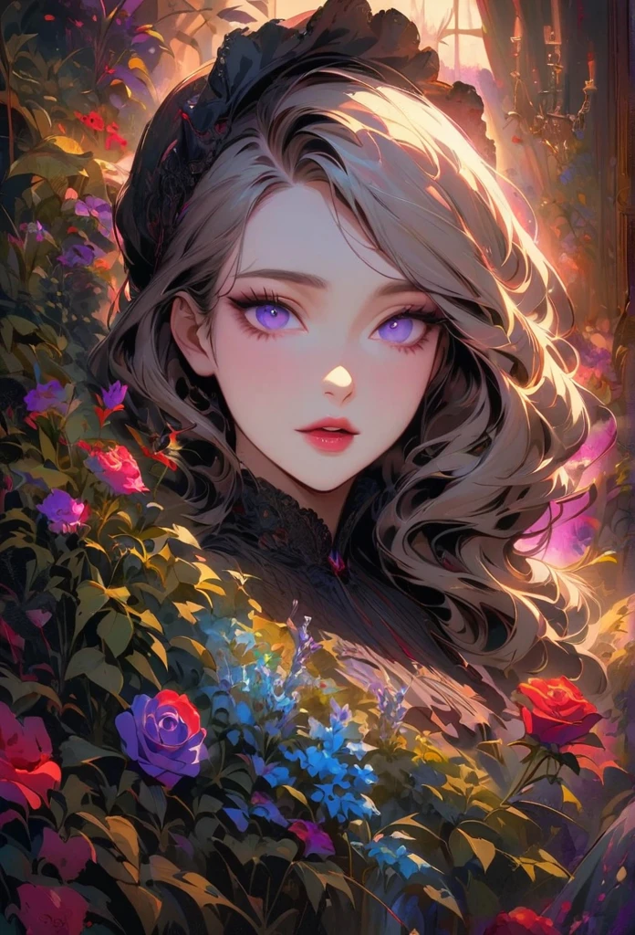 anime,beautiful detailed eyes,beautiful detailed lips,extremely detailed eyes and face,longeyelashes,colorful,vivid colors,portrait,landscape,horror,studio lighting,sharp focus,physically-based rendering,extreme detail description,professional,bokeh,HDR,UHD,ultra-fine painting,concept artists,gothic,Victorian-style bedroom,beautiful witch,dark atmosphere,vibrant colors,soft lighting,enchanted plants,flowing lavender,anime-style characters,mysterious shadows,exquisite details,vintage furniture,luxurious textures,eye-catching composition,romantic mood,rose,kissmark,monochrome,