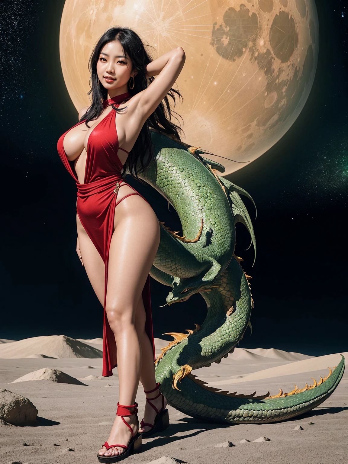 45-year-old Asian woman with curvaceous body hyper-realistic ultra-realistic in sensual position long hair black smile naughty look tender look Roman sandals walking galactic costume on the moon and with the sun on her back with red-green dragon tattoos all over her body