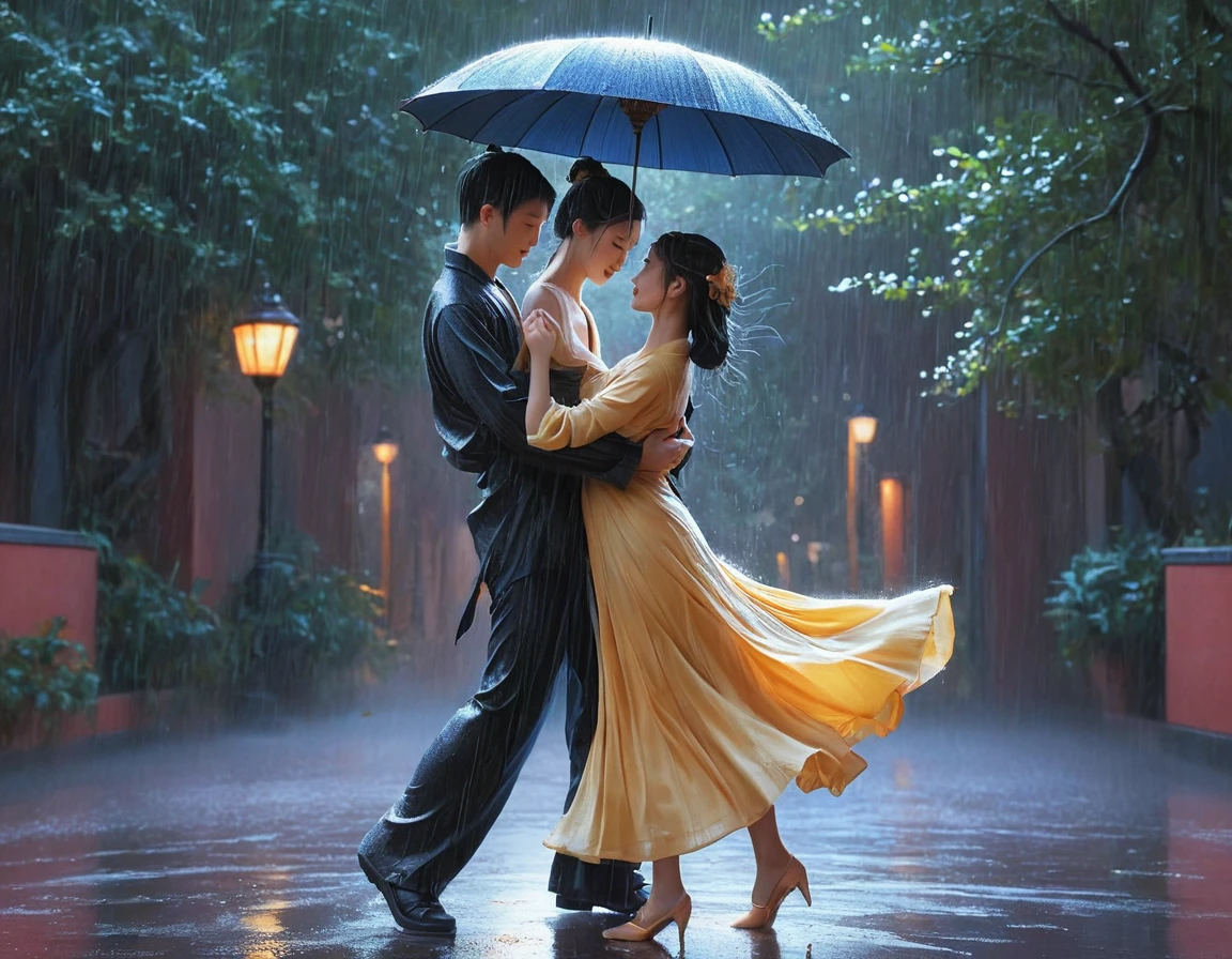 there is a painting of a couple dancing in the rain, a beautiful artwork illustration, jen bartel, rob rey and kentarõ miura style, stunning art style, romantic painting, in style of atey ghailan, by Li Song, by Gao Fenghan, by Jin Nong, by Yang J, couple dancing, by Zhou Chen