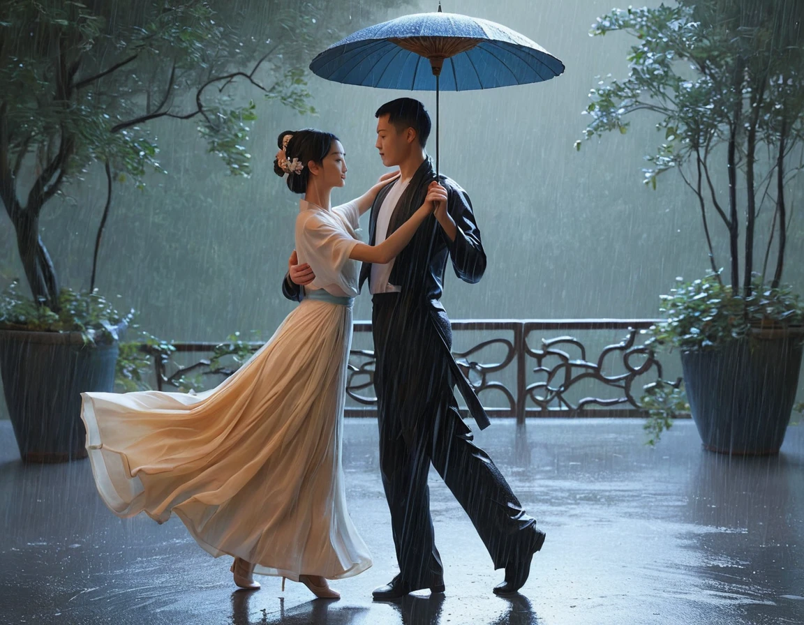 there is a painting of a couple dancing in the rain, a beautiful artwork illustration, jen bartel, rob rey and kentarõ miura style, stunning art style, romantic painting, in style of atey ghailan, by Li Song, by Gao Fenghan, by Jin Nong, by Yang J, couple dancing, by Zhou Chen