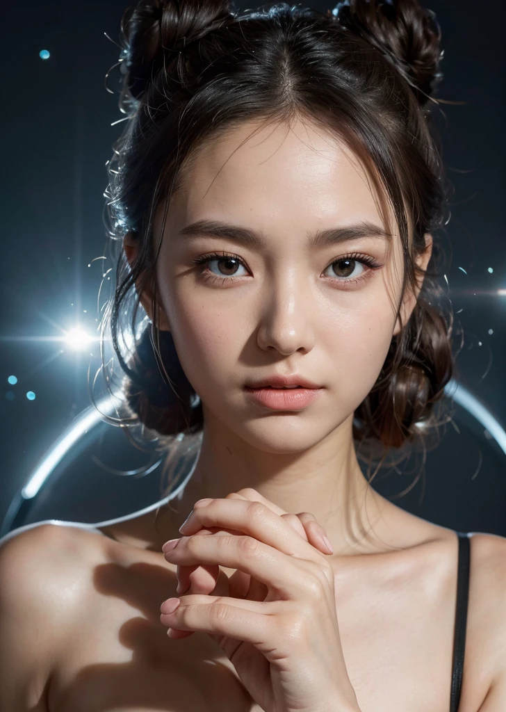 (1 female)、Highest quality、masterpiece、Ultra-high resolution、(Photographic realism:1.4)、Original photo,Octane Rendering、8k、Ultra Sharp、((Hair Bun)),Extremely detailed CG),(((8k))),wallpaper,((Very sophisticated and beautiful)),(((masterpiece))),(((Highest quality))),(((Ultra-high resolution))),Beautiful lighting,Near futureの武器を持って構えて、Perfect Lightning,Realistic shadows,Near future、universe、In a cyber suit、未来のuniverse船、Wide Shot、whole body、Focus on the front.Proper body balance,Beautiful Hands,Beautiful fingers,Detailed functions of the fingers,Serious look,