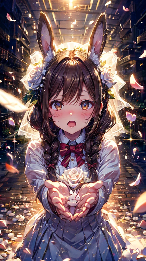 (Bunny girl)The expression is embarrassed、Braiding、ponytail、Brown Hair、stylish、Wedding dress、girl、Background of white rose petals fluttering、art、High resolution、high quality、(((High Vision 1,5))    