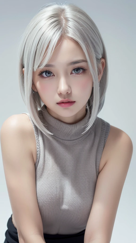 (((forehead、(bent over)、A calm face、High neck sleeveless knit、White Hair、Waist-length hair、Northern Europe、White、beautiful girl、Silver Hair、White background、cute、Young、True Face、Shiny Hair、whole body)))、table top, highest quality, figure, super detailed, finely, High resolution, 8k wallpaper, Perfect dynamic composition, detailed and beautiful eyes, Deco out,bionde, medium hair, big breasts, Natural color lip,white background, random cute poses,
