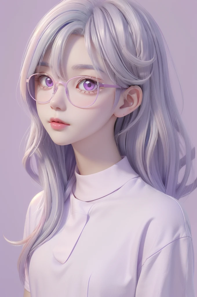 Best quality, cartoon_Portrait, couple,girl Boy, light pastel purple-white haired woman, looking at viewer, simple background, pink eyes, closed mouth, glasses, long white shirt, lips, swept bangs, bedroom background, red lips
