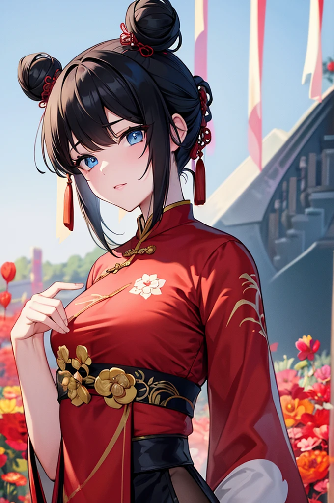 masterpiece,best quality,1 girl, daji, smille, red dress, chinese clothes, bare shoulders, pink earrings, floral, Gorgeous palaces, resplendent, red scarves  <lora:daji_v1:0.8>