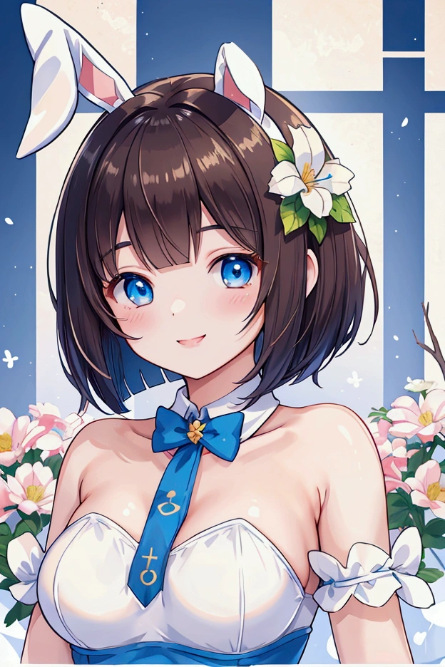 Photorealistic、Highest quality、Highest Resolution、Highest quality、8K、1人の美しいBunny girl、Cute face、Bob cut hair、Dark Hair Color、Pale blue eyes、Beautiful breasts、Bunny girl、smile、