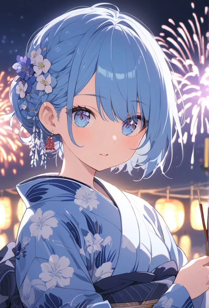Blue Eyes,Blue Hair,mash,yukata,firework,night,boy