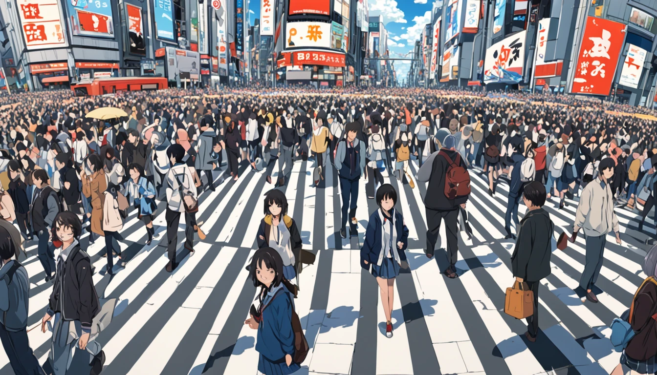 ((anime: 1.4, figure)), (masterpiece, Highest quality, Highest quality), (Very detailed, The absolute solution), ((16K, High resolution)) (Shibuya Scramble Crossing, anime Style, Cumulonimbus, blue sky, crowd), ( anime: 1.4, figure)), (masterpiece, Highest quality, Highest quality), (Very detailed, The absolute solution). and {Lofi Art, Laurie Griesley's style, Makoto Shinkai's Style, anime Aesthetic}, break {(Produces images with over 40 million pixels of information and cinematic detail。Hot with Sony's slur).}