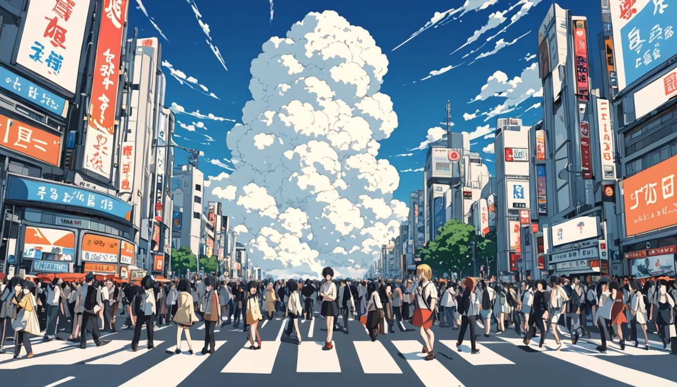 ((anime: 1.4, figure)), (masterpiece, Highest quality, Highest quality), (Very detailed, The absolute solution), ((16K, High resolution)) (Shibuya Scramble Crossing, anime Style, Cumulonimbus, blue sky, crowd), ( anime: 1.4, figure)), (masterpiece, Highest quality, Highest quality), (Very detailed, The absolute solution). and {Lofi Art, Laurie Griesley's style, Makoto Shinkai's Style, anime Aesthetic}, break {(Produces images with over 40 million pixels of information and cinematic detail。Hot with Sony's slur).}