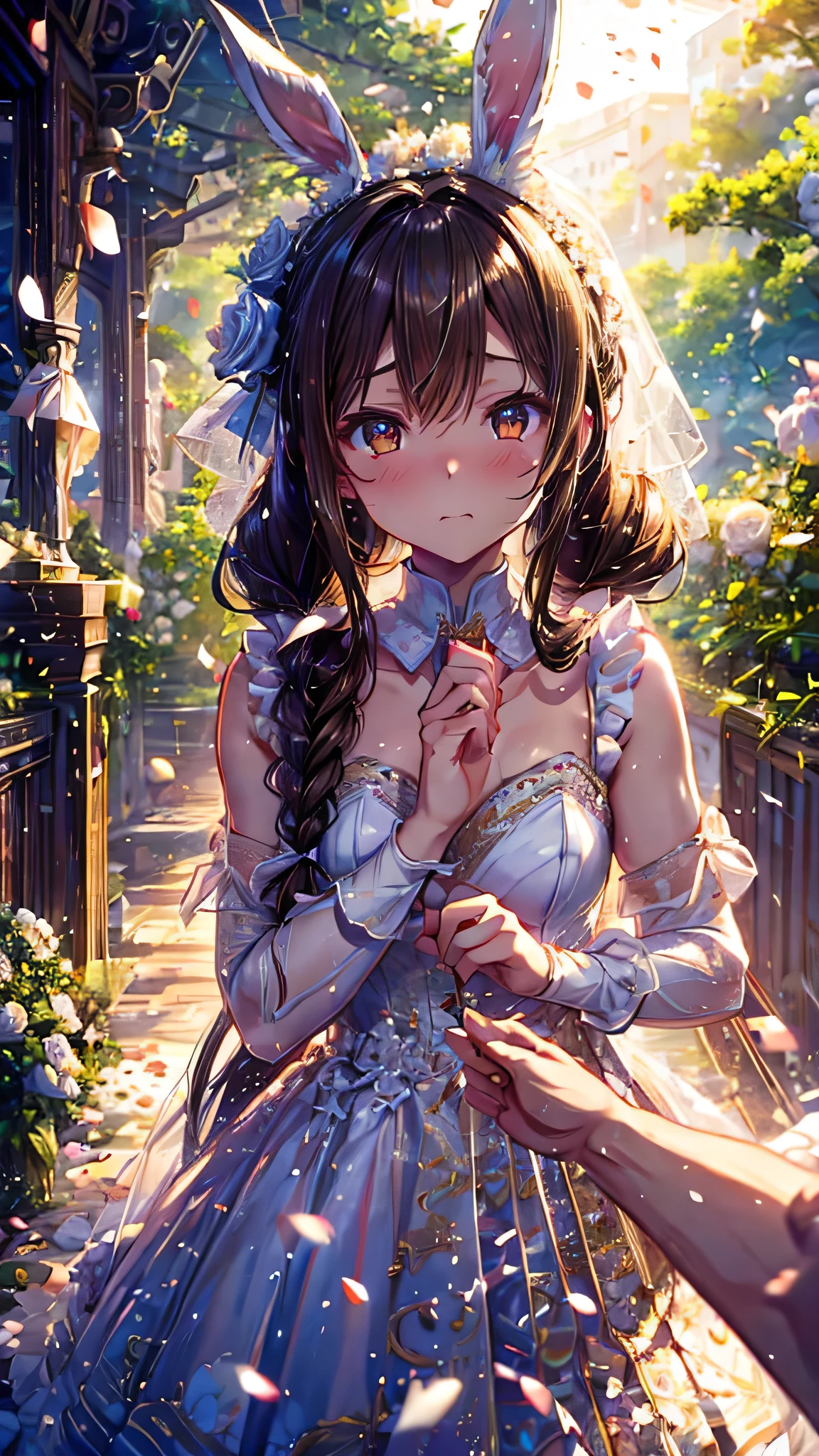 (Bunny girl)The expression is embarrassed、Braiding、ponytail、Brown Hair、stylish、Wedding dress、girl、Background of white rose petals fluttering、art、High resolution、high quality、(((High Vision 1,5))