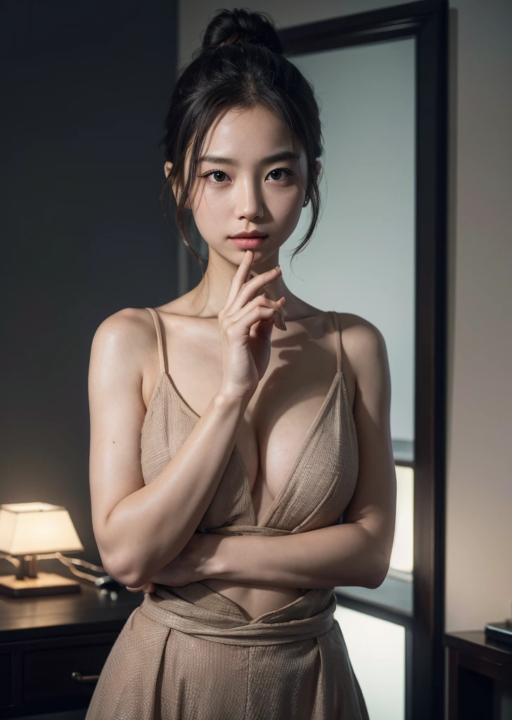 (1 female)、Highest quality、masterpiece、Ultra-high resolution、(Photographic realism:1.4)、Original photo,Octane Rendering、8k、Ultra Sharp、((Hair Bun)),Extremely detailed CG),(((8k))),wallpaper,((Very sophisticated and beautiful)),(((masterpiece))),(((Highest quality))),(((Ultra-high resolution))),Beautiful lighting,Near futureの武器を持って構えて、universe船の中、Near future、Perfect Lightning,Realistic shadows,Near future、universe、In a cyber suit、未来のuniverse船、Wide Shot、whole body、Focus on the front.Proper body balance,Beautiful Hands,Beautiful fingers,Detailed functions of the fingers,Serious look,
