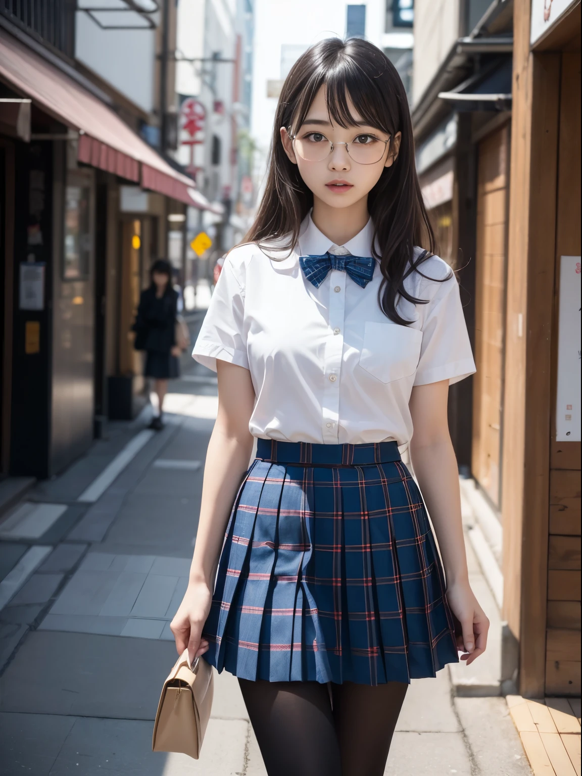 (8k、生photograph、Highest quality、masterpiece:1.2)、(Black Pantyhose)、(Small breasts)、(Small breasts)、(Small breasts)、(Small breasts)、Glare、anger、Light、Narrow eyes、Round Glasses、cute、JK、high school girl、Japanese women、Are standing、(PhotoReactive:1.37)、Photon Mapping、Real、cute小さな顔、Brown eyes、(Red bow tie)、Radio City、Physically Based Rendering、Prospect、Character boundary depth、Blurred Background、photograph、girl、body、Beautiful feet、Long legs、Thin legs、(前hairが見える)、hair、lips、Blue_The目、Soft Nose、(Light blue shirt)、(Navy, blue and white plaid pleated skirt)、High school uniforms、See-through clothing、Thighs、black cotton socks、Nogizaka Idol、、Japan Ido
