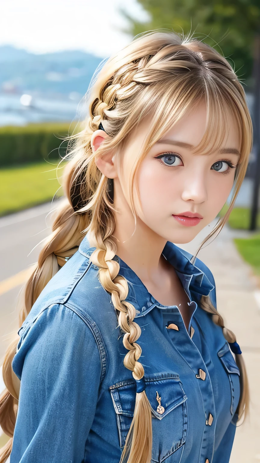 Sexy Big 、Sexy cute looks and cute 15 year old beautiful girl, beautiful and sexy face、A strong wind blows my hair in front of my face、beautiful long blonde French braided hair、beautiful, Cute and sexy eyes hidden behind long bangs